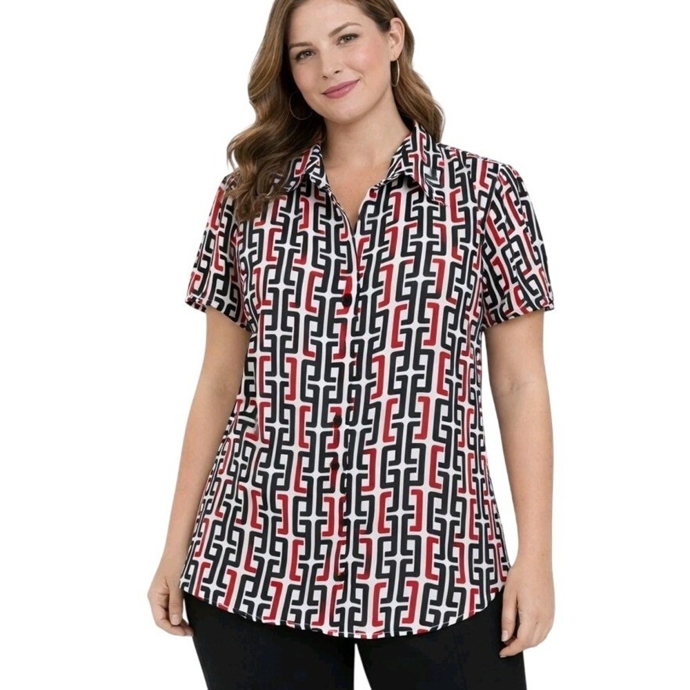 Vintage ALLISON TAYLOR‎ Size Medium Red & Black Pleated Short Sleeve Blouse
